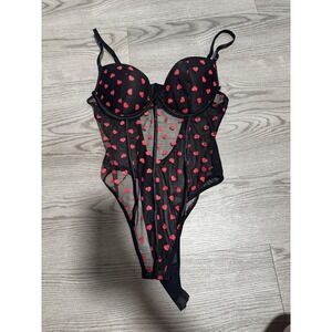 BodyRage Womens Black Red Heart Mesh Underwire Bodysuit Lingerie Large